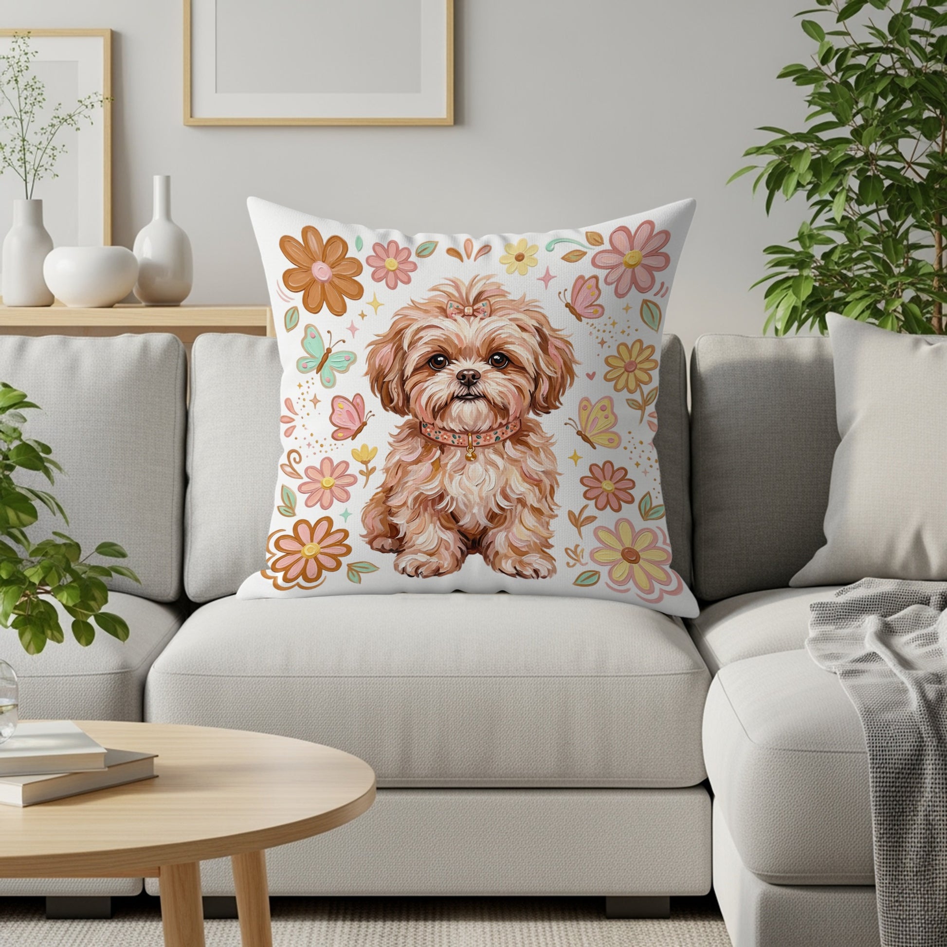 Fluffy dog with floral and butterfly accents on a throw pillow.