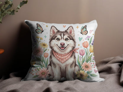 Husky dog with pink bandana surrounded by colorful flowers and butterflies.