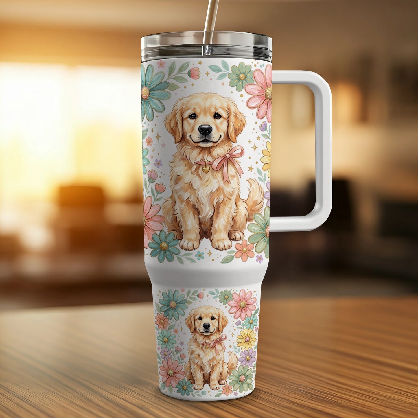 Golden retriever puppy on a floral pattern tumbler with a pink bow.
