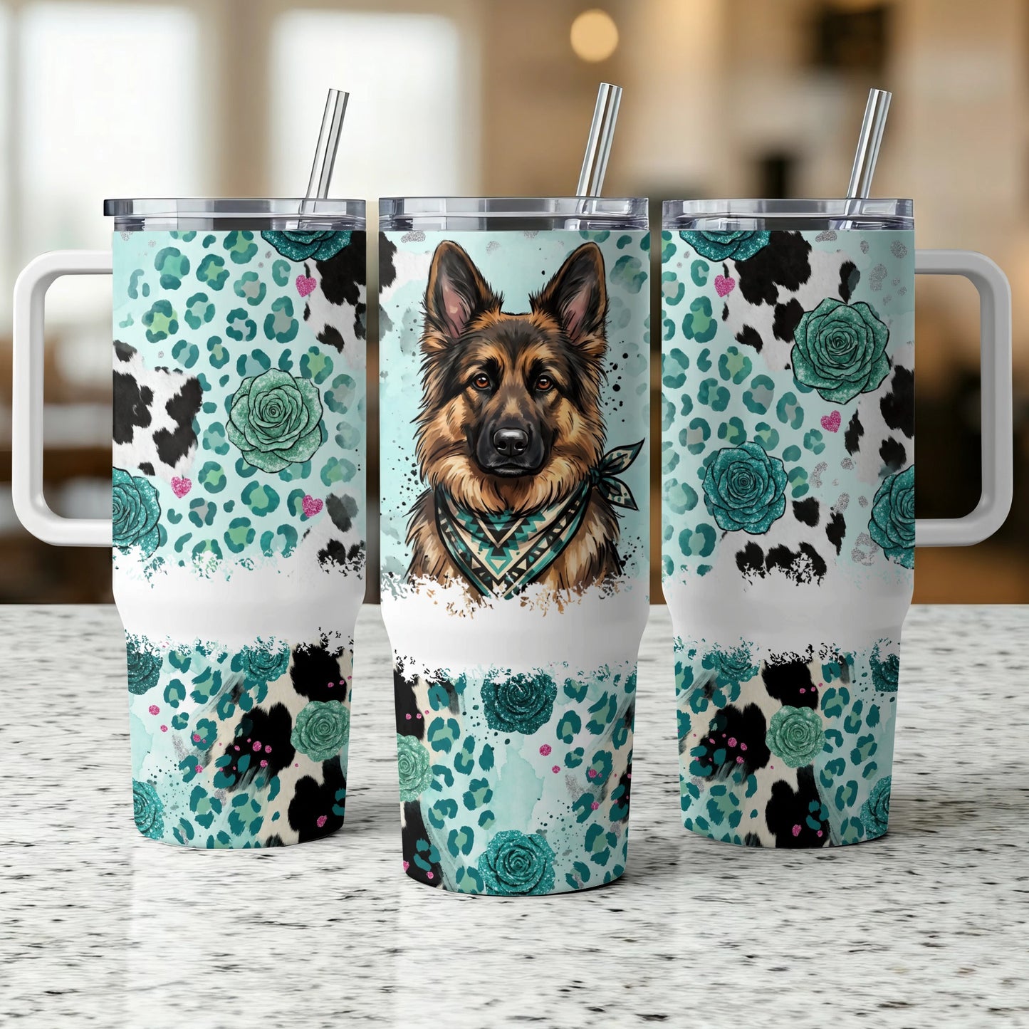 German Shepherd on a leopard print and floral tumbler with handles.