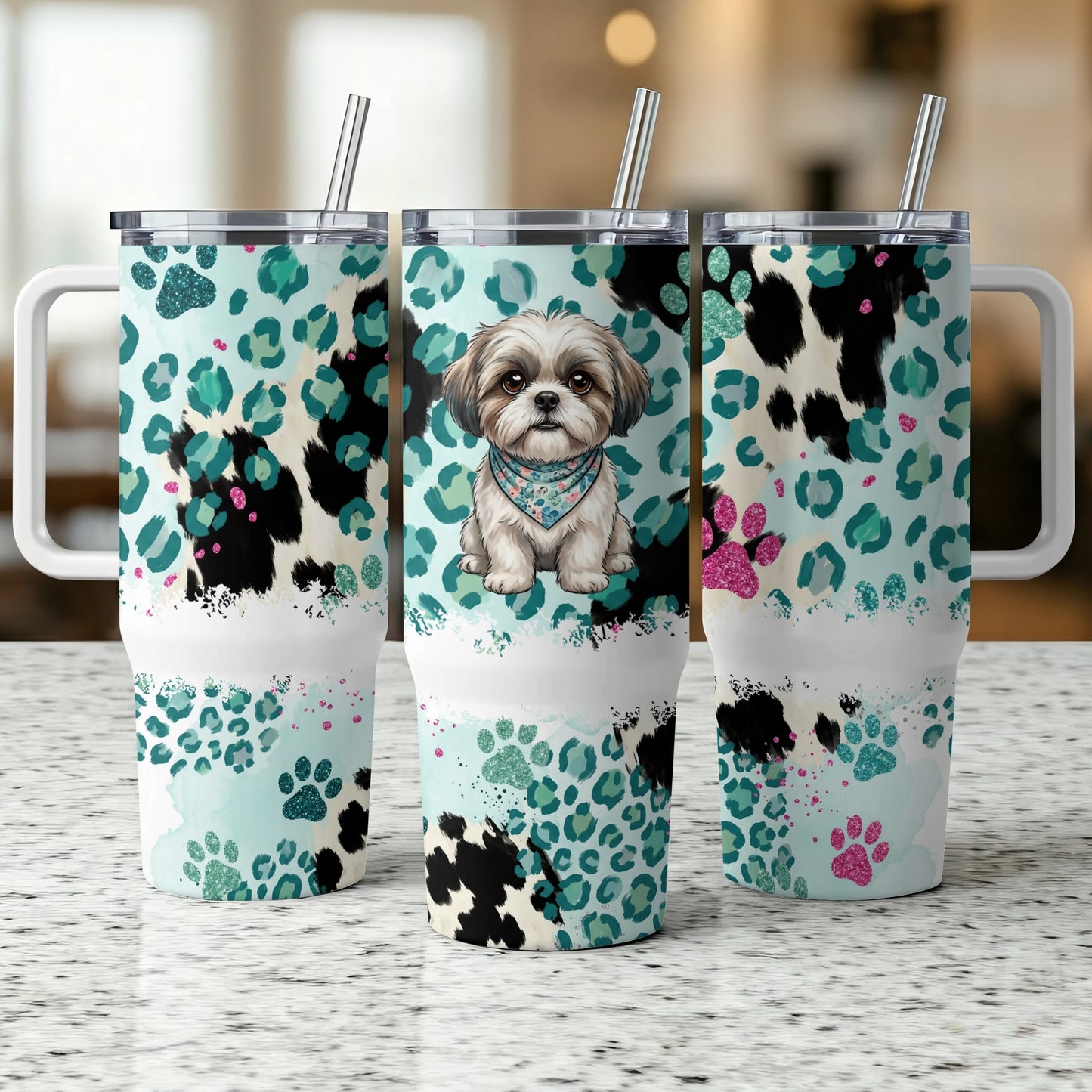 Shih Tzu dog wearing a bandana on a glittery leopard print tumbler.
