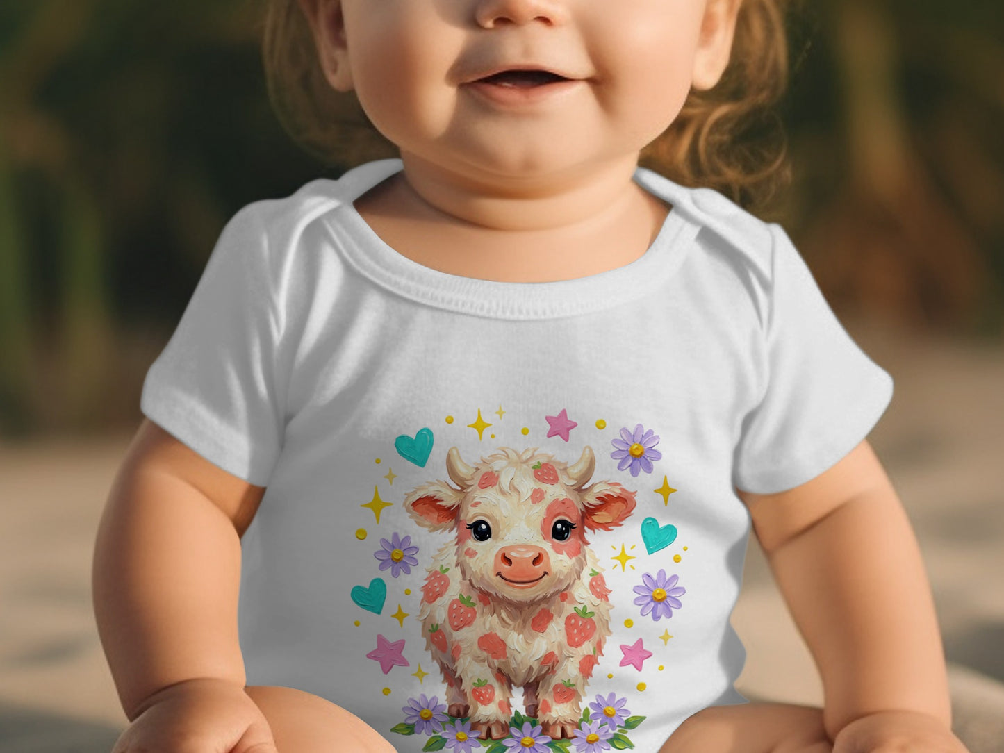 Baby wearing white bodysuit with strawberry cow illustration.