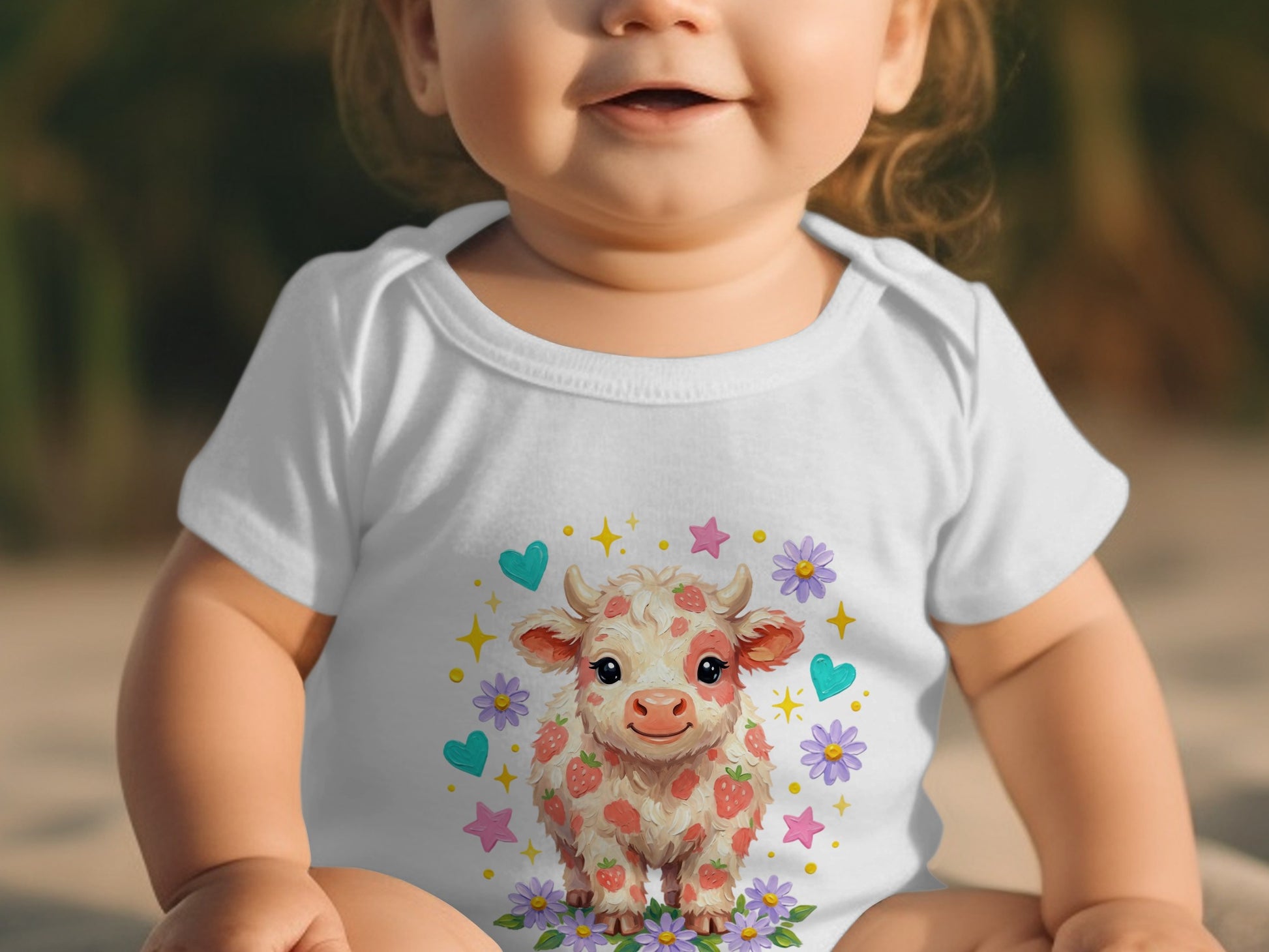 Baby wearing white bodysuit with strawberry cow illustration.