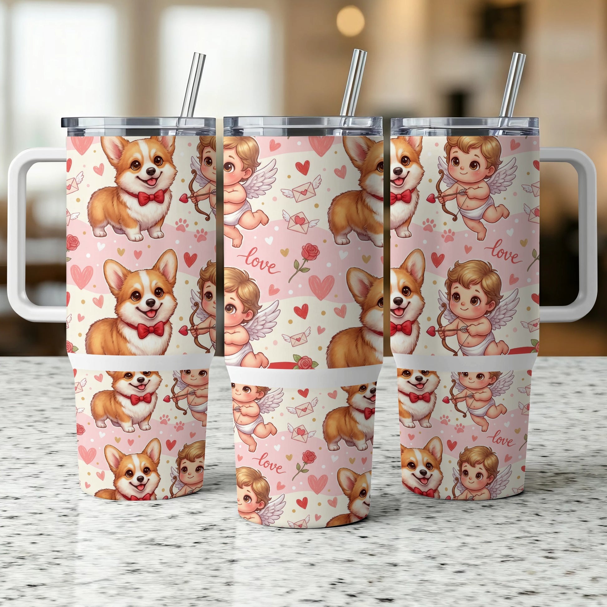 Three Corgy-themed tumblers with Cupid and hearts design.