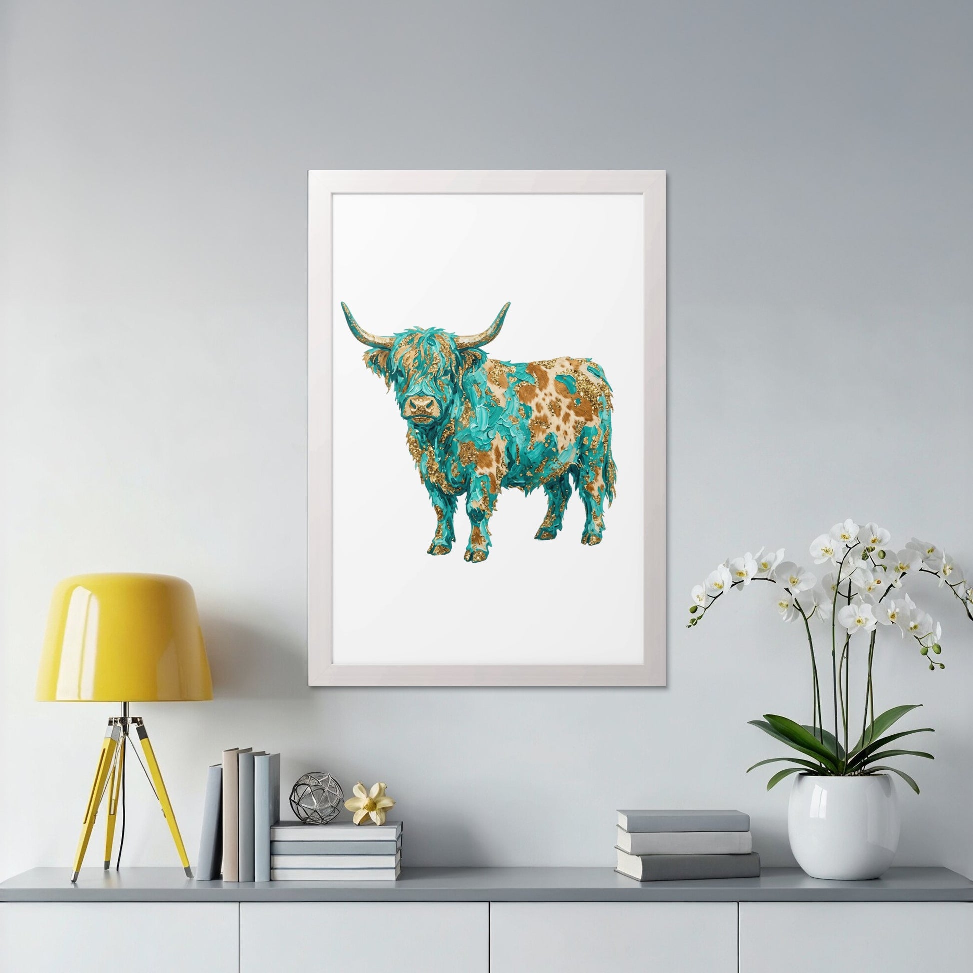 Highland cow with turquoise and copper abstract pattern in a white frame.