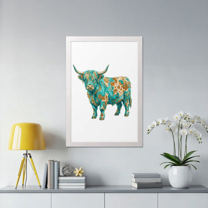 Highland cow with turquoise and copper abstract pattern in a white frame.