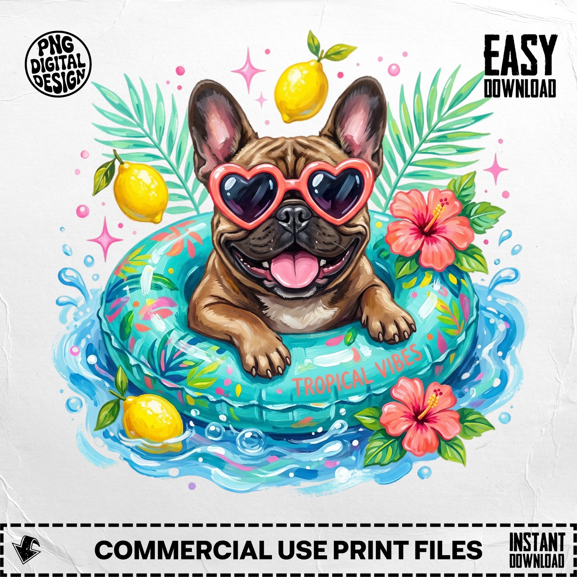 French bulldog in sunglasses on inflatable ring with tropical foliage and lemons.