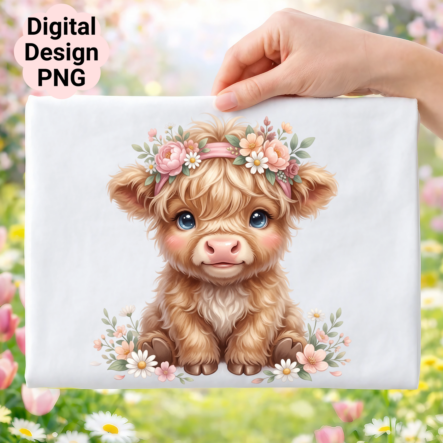 Cute baby Highland cow with floral crown sits in a field of flowers.