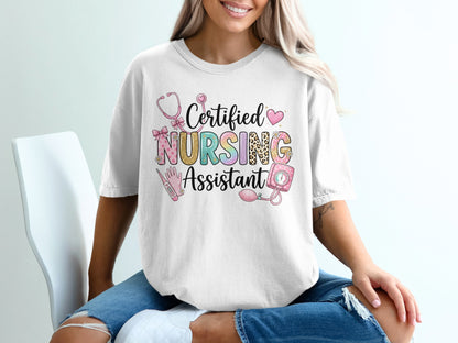 Certified Nursing Assistant text with stethoscope, thermometer, and heart graphics.