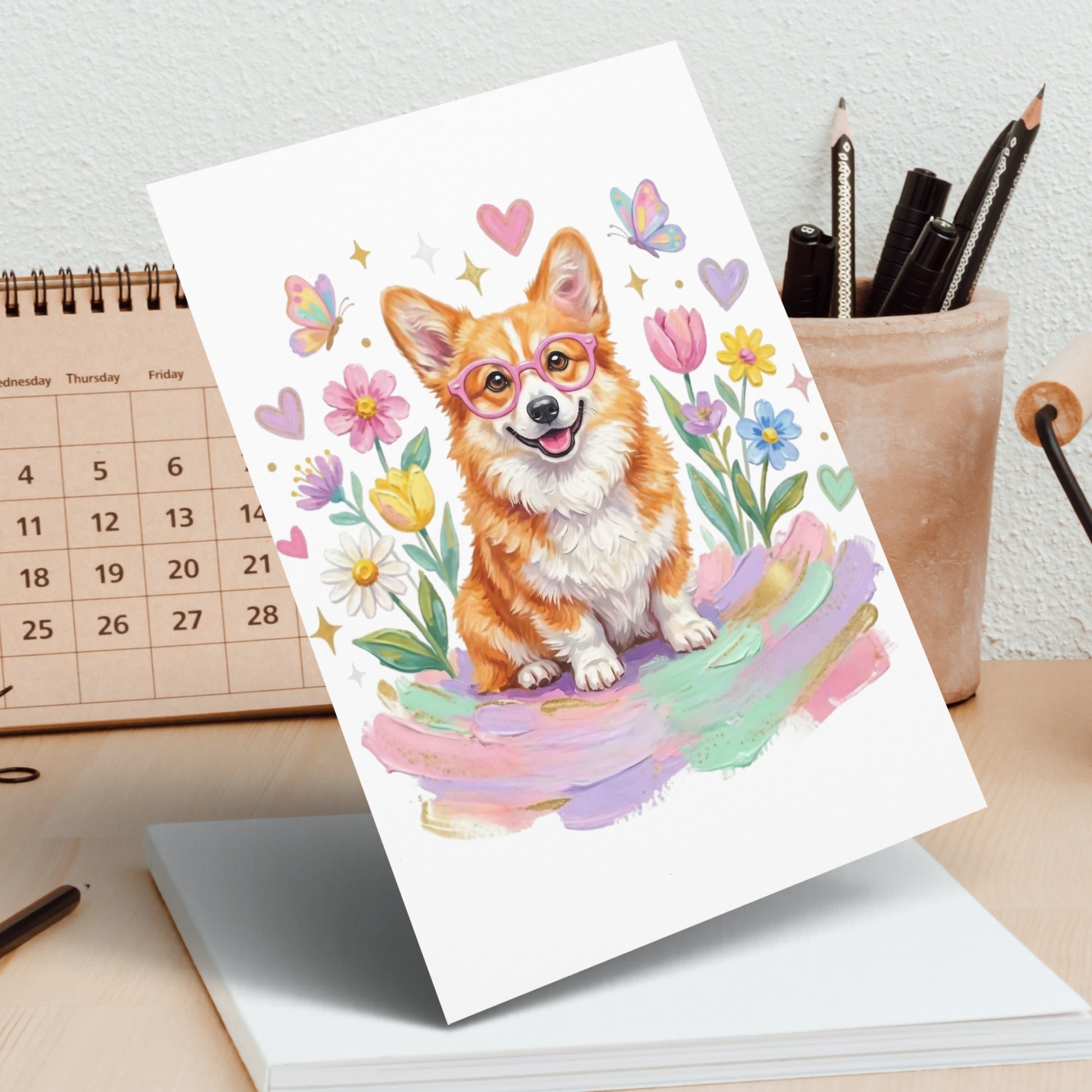 Happy corgi with glasses and flowers on a colorful swirl.