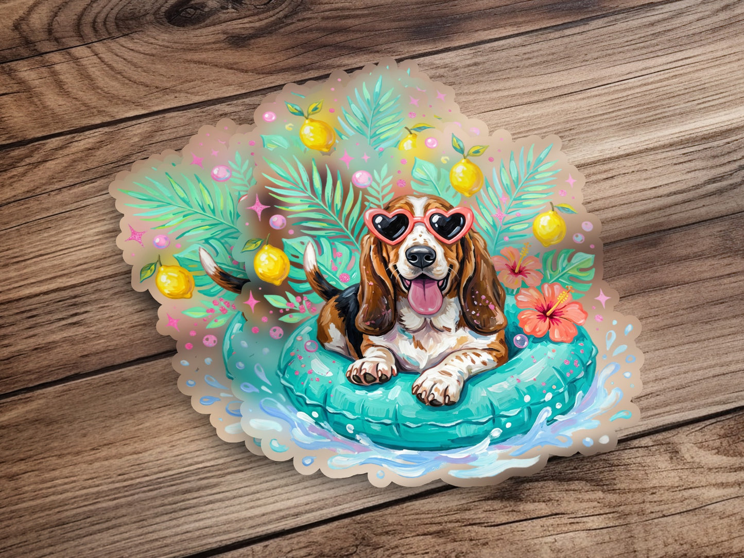 Basset hound wearing heart sunglasses floats in a pool with lemons and flowers.