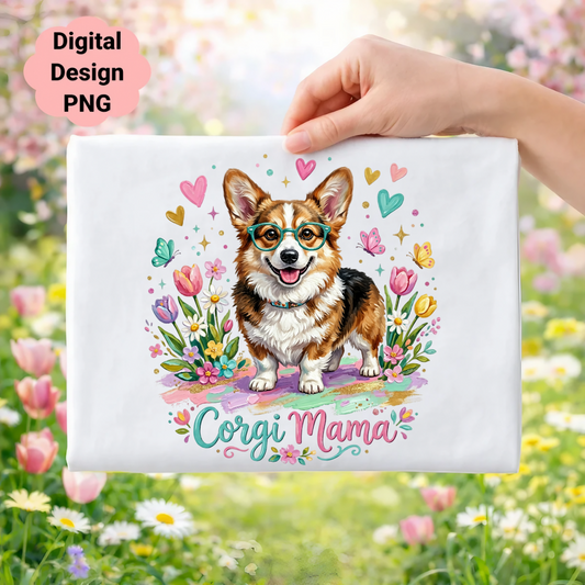 Corgi with glasses surrounded by flowers and butterflies, "Corgi Mama" text.