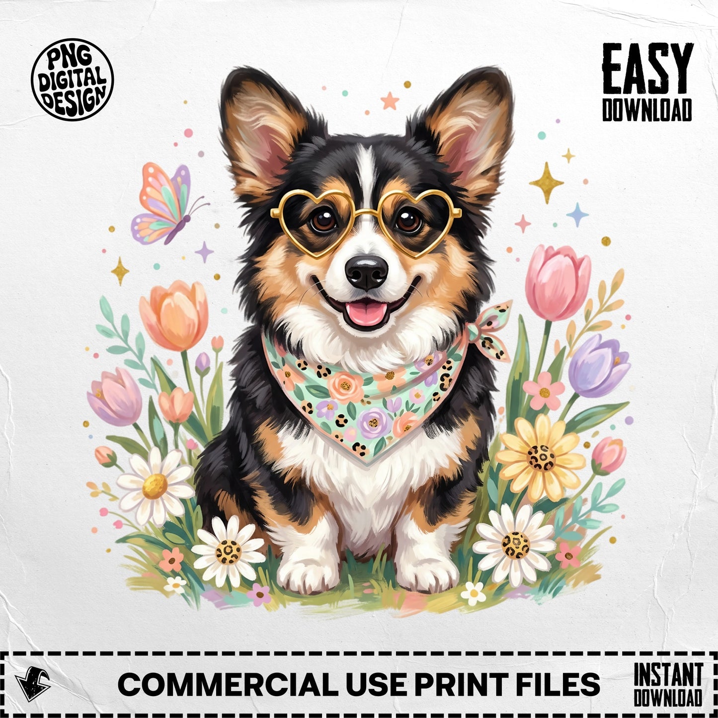 Corgi wearing heart glasses in a flower field, "EASY DOWNLOAD" text.
