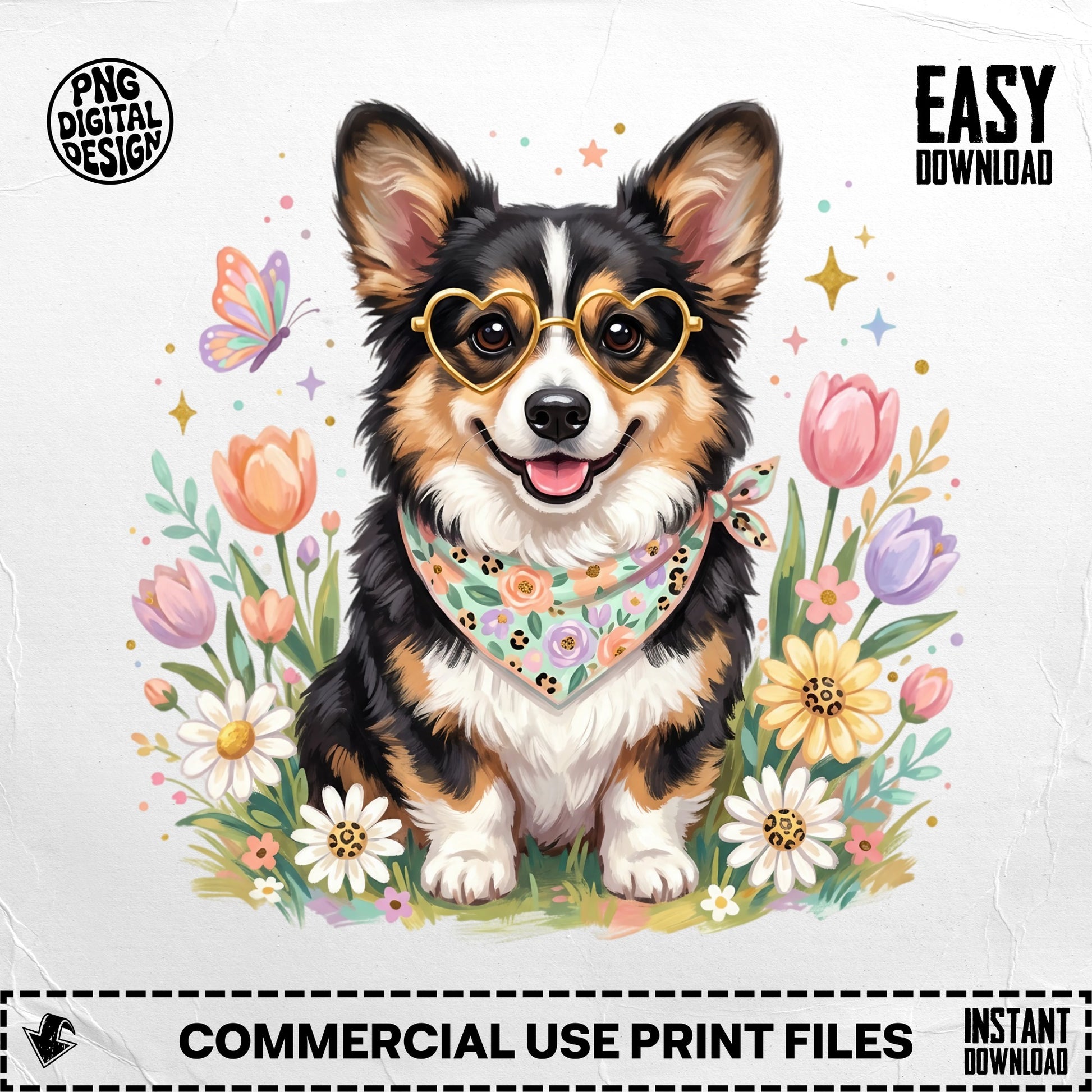 Corgi wearing heart glasses in a flower field, "EASY DOWNLOAD" text.