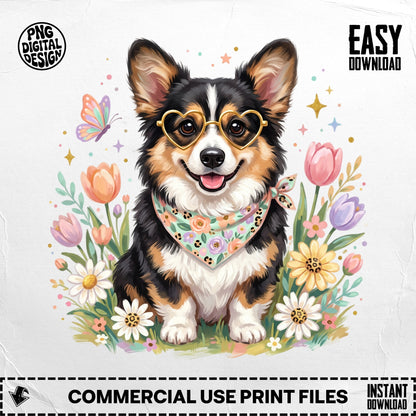 Corgi wearing heart glasses in a flower field, "EASY DOWNLOAD" text.