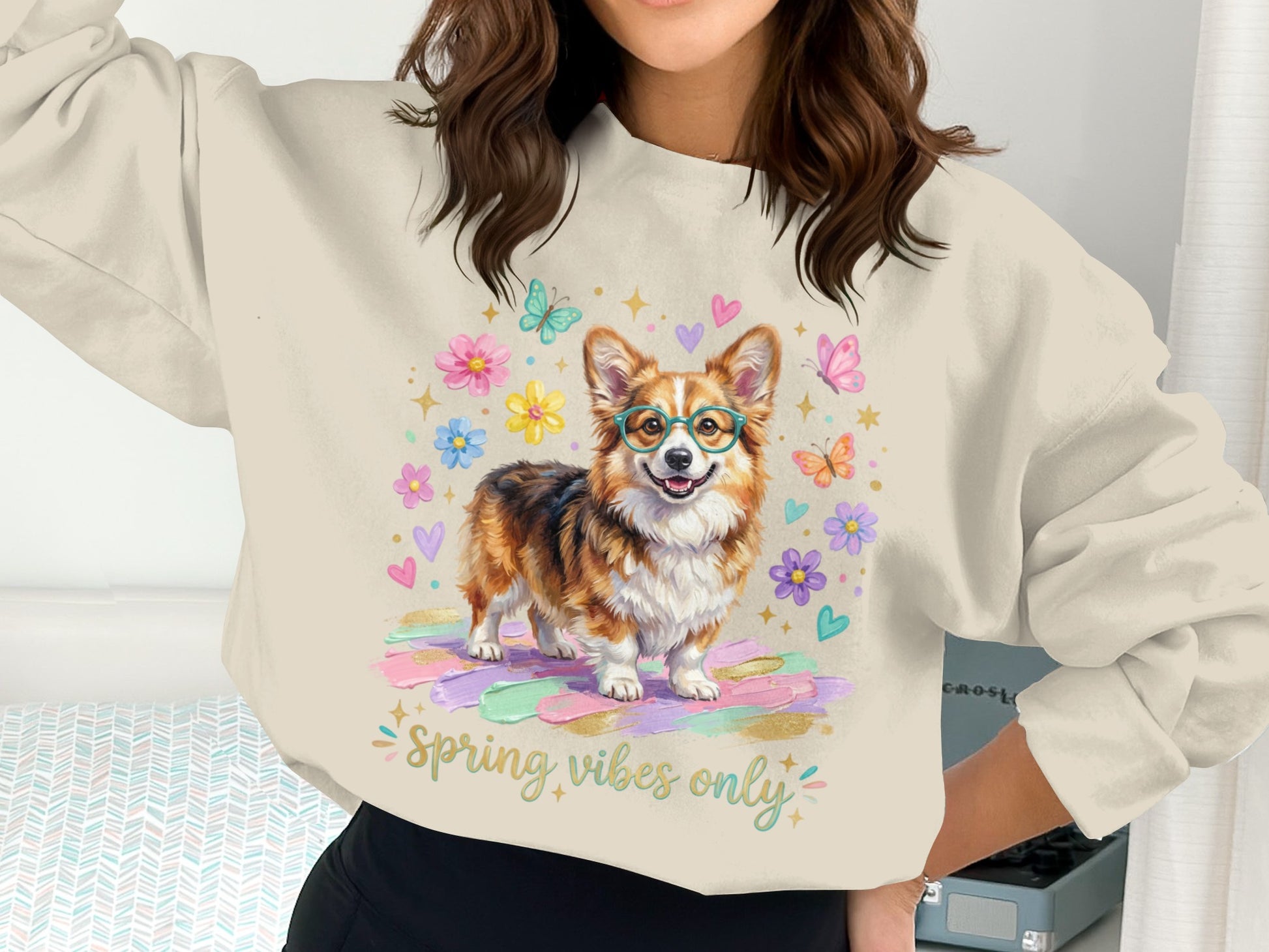 Corgi wearing glasses surrounded by flowers and butterflies, text "Spring vibes only".