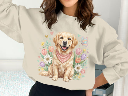Golden Retriever with bandana and floral design on a cream sweatshirt.