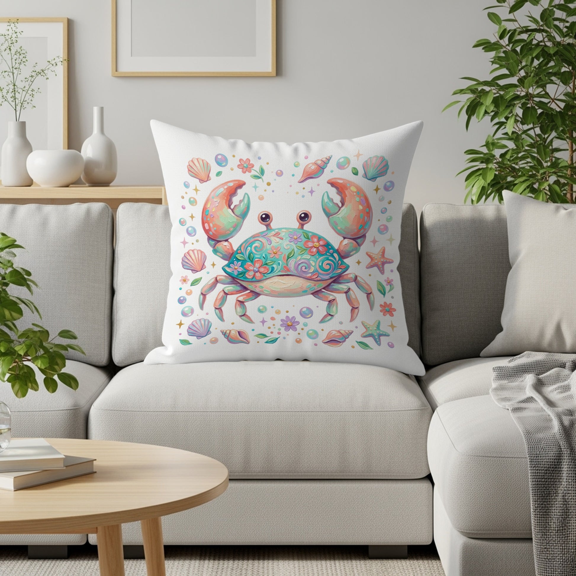 Decorative throw pillow with a colorful, floral crab design and seashells.
