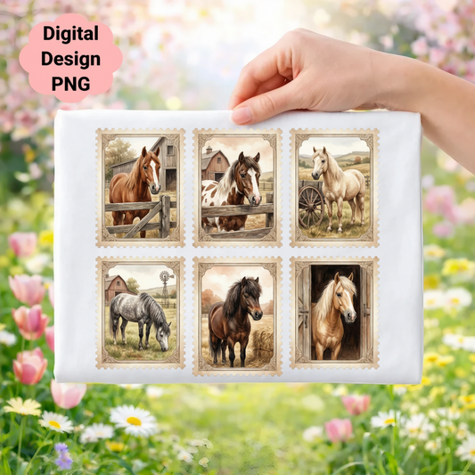 Six postage stamp-style illustrations of horses in rustic barn settings.
