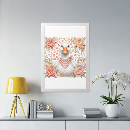 Whimsical goose with pink bandana surrounded by floral illustrations in a white frame.