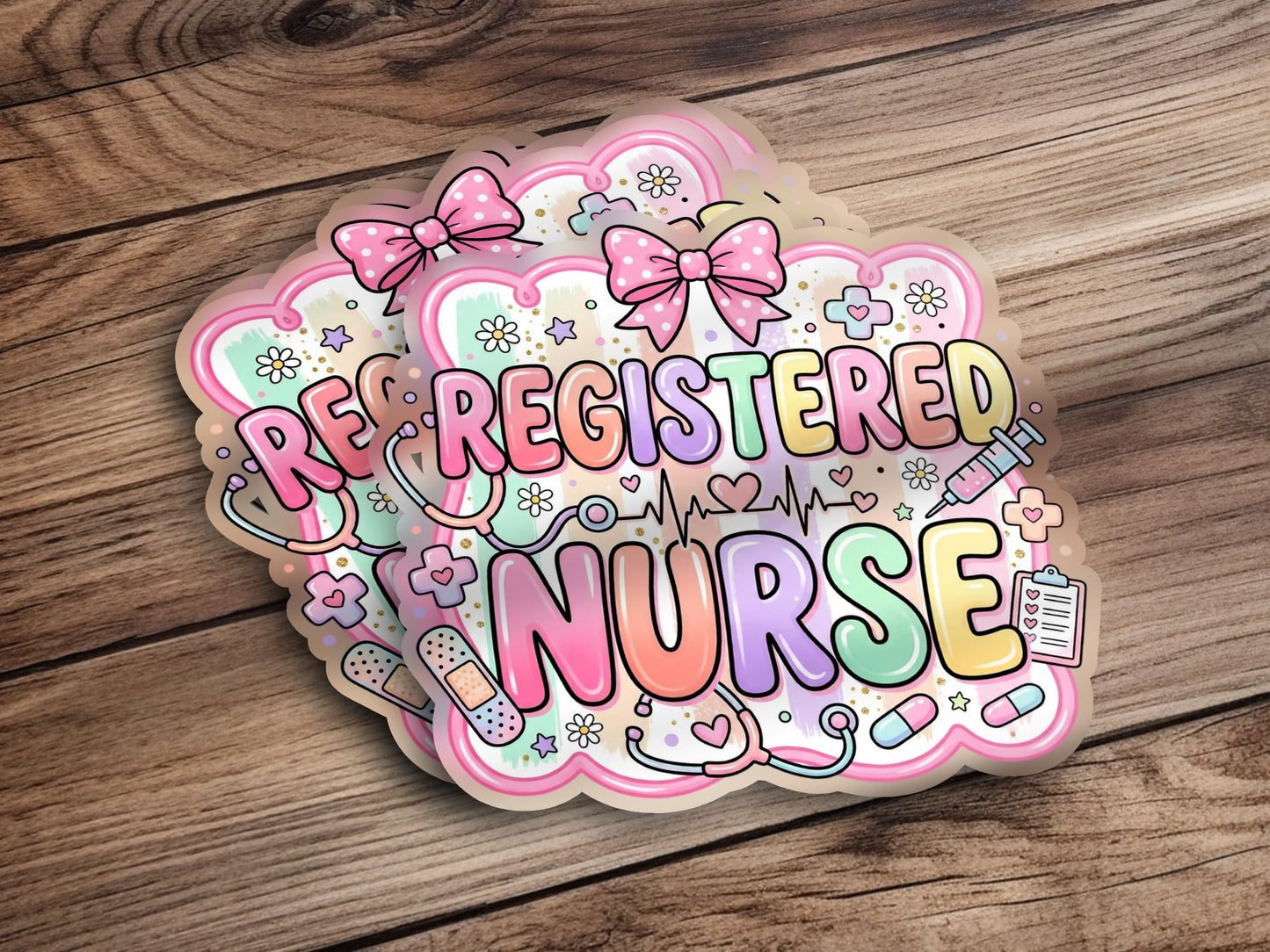Registered Nurse sticker with bows, hearts, stethoscope, and syringe.