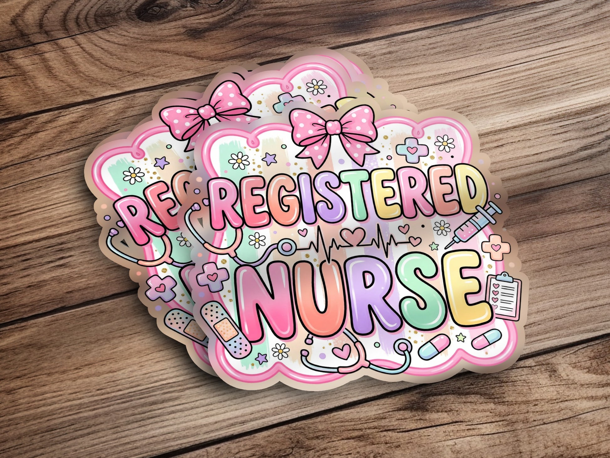 Registered Nurse sticker with bows, hearts, stethoscope, and syringe.
