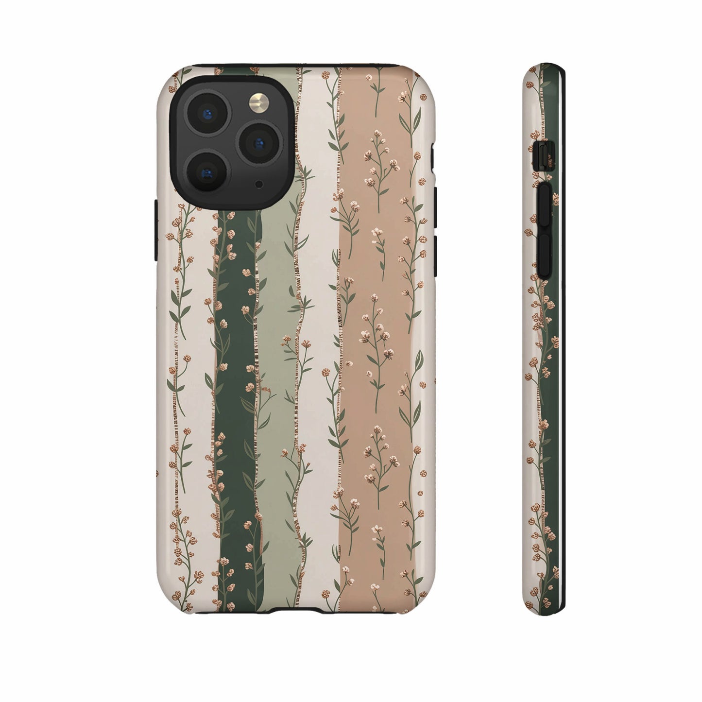 Striped phone case with floral pattern and visible camera cutouts.