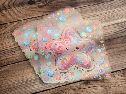 Cute pastel starfish sticker with shells and flowers.