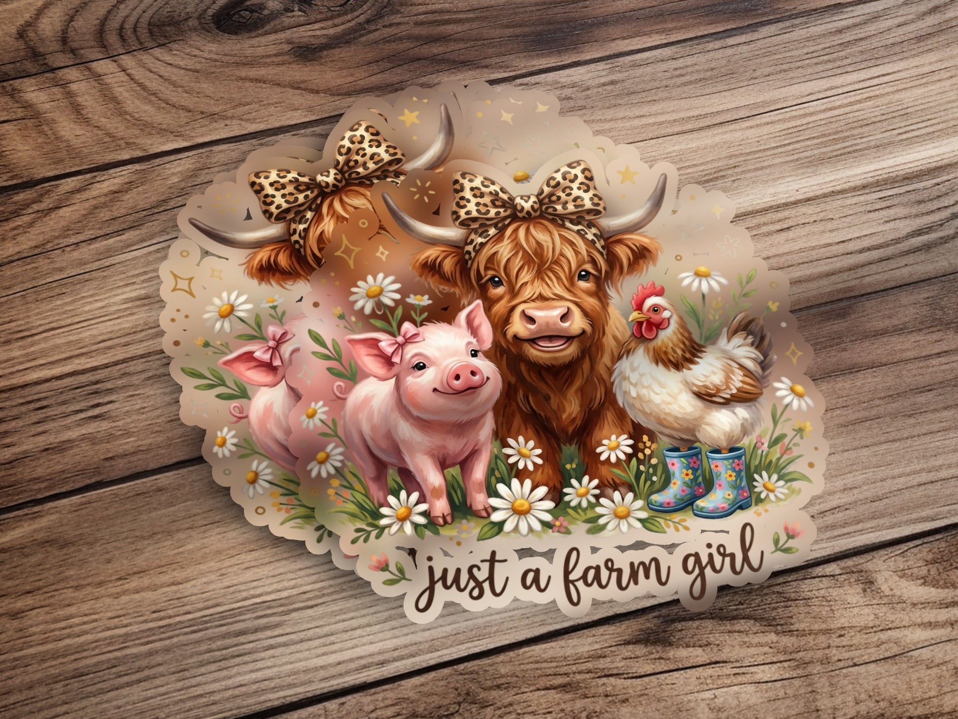 Farm animals including pig, cow, and chicken with floral accents and "just a farm girl" text.