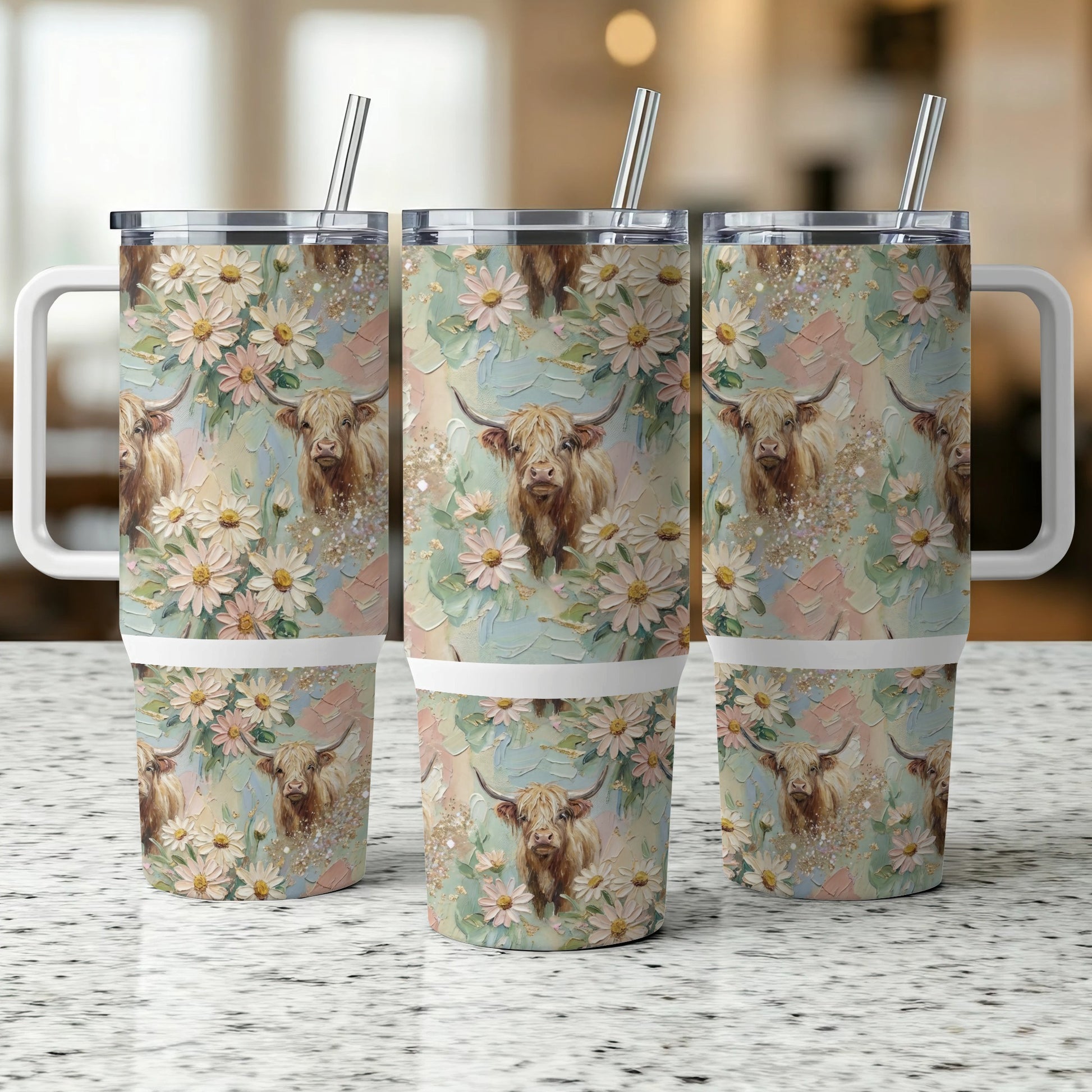 Three Highland cows with flowers on a sublimation tumbler.