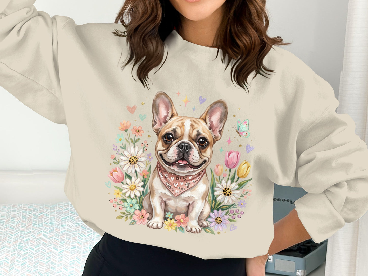 French bulldog wearing bandana surrounded by flowers and butterflies.