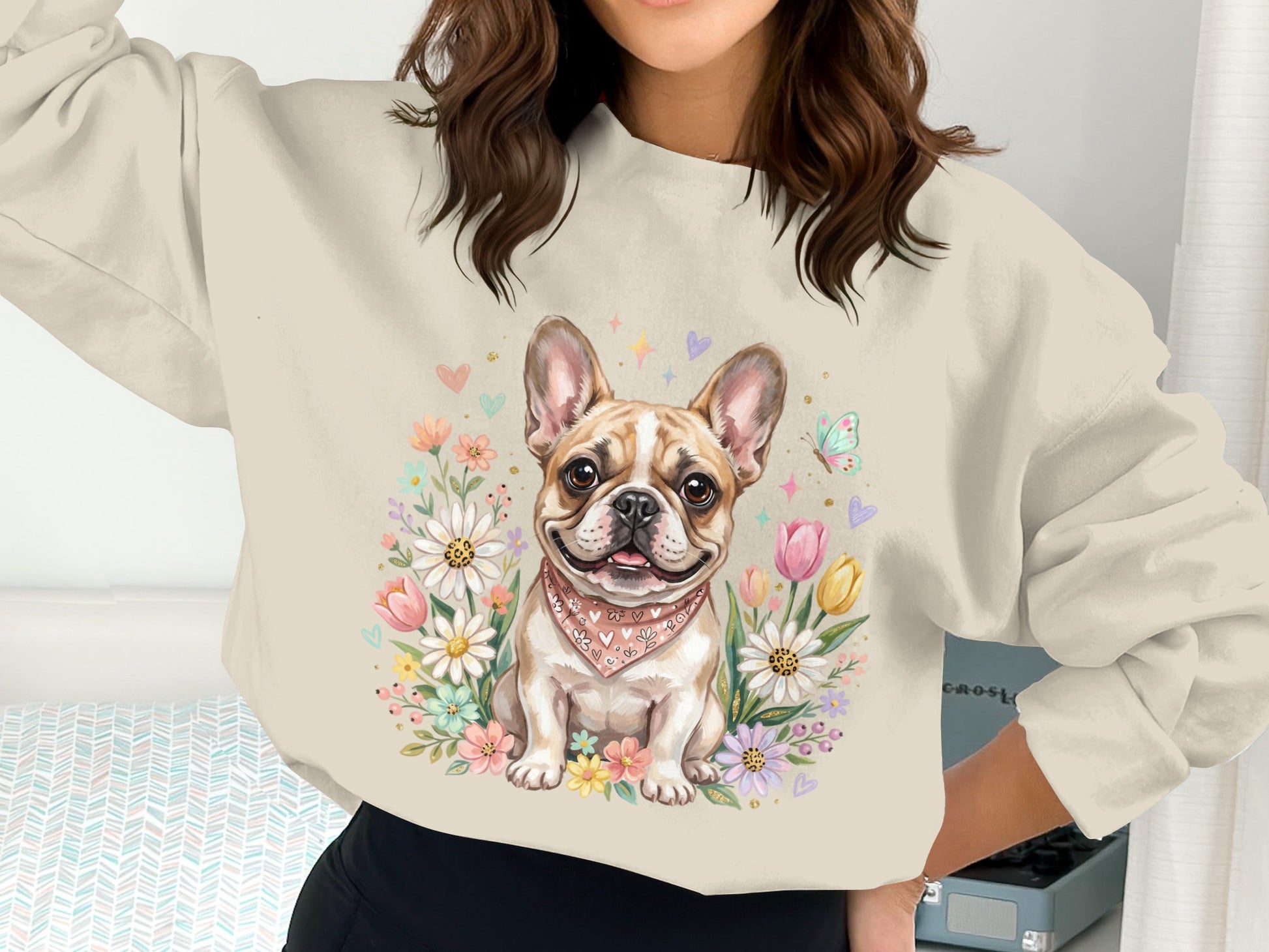 French bulldog wearing bandana surrounded by flowers and butterflies.