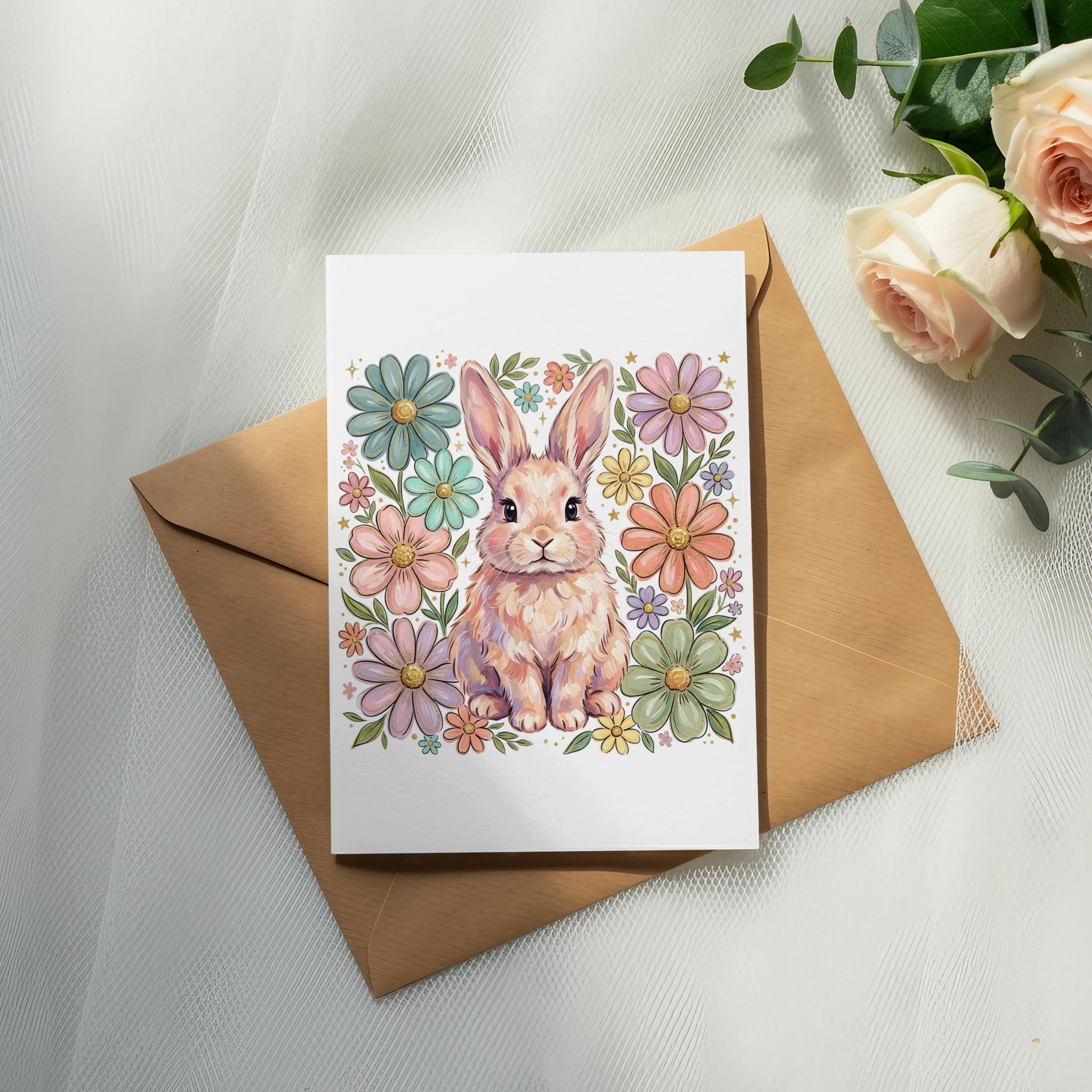 Easter card with a cute bunny surrounded by colorful pastel flowers on a brown envelope.