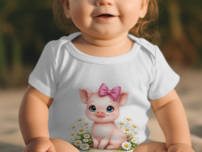 Baby in white bodysuit with pink piglet and flower graphic.