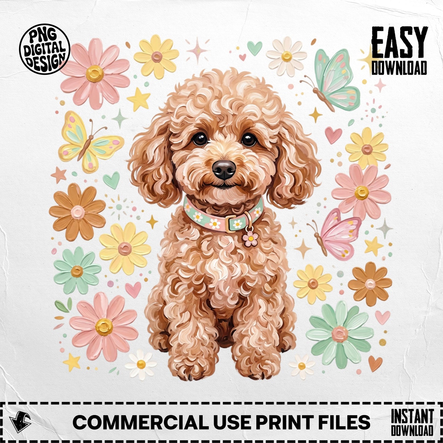 Fluffy brown poodle with colorful flowers and butterflies.