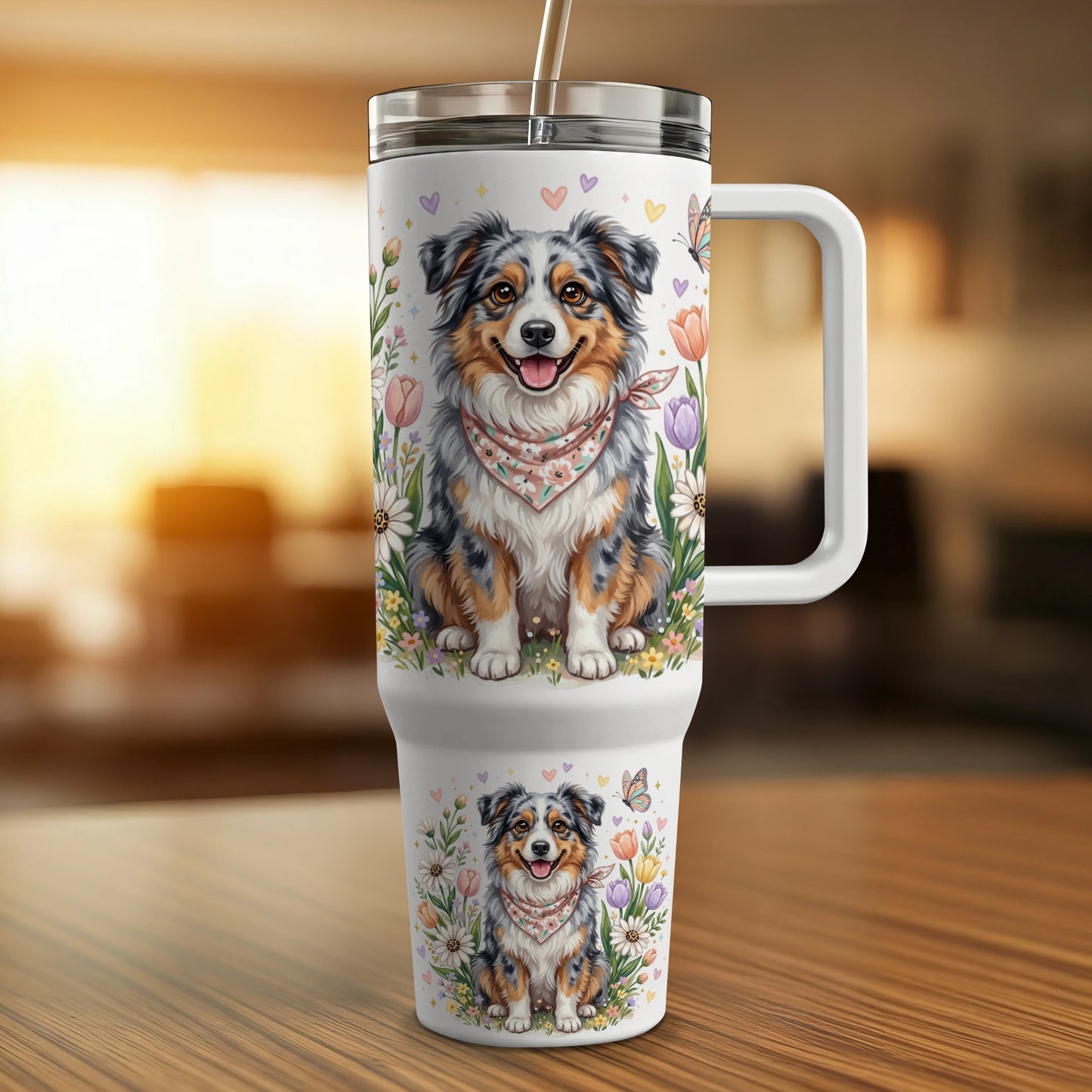 Australian Shepherd dog wearing bandana on tumbler with floral background.
