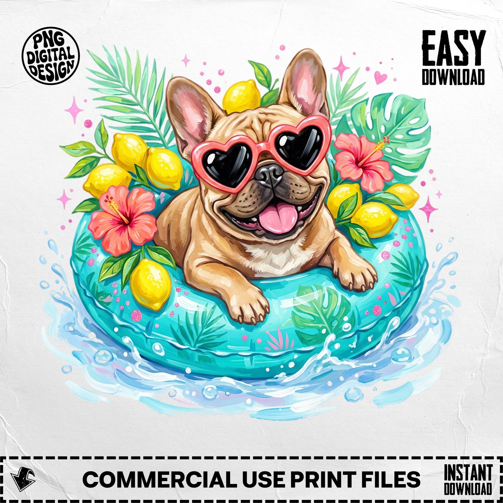 French bulldog wearing heart sunglasses floats on inner tube with lemons and tropical leaves.