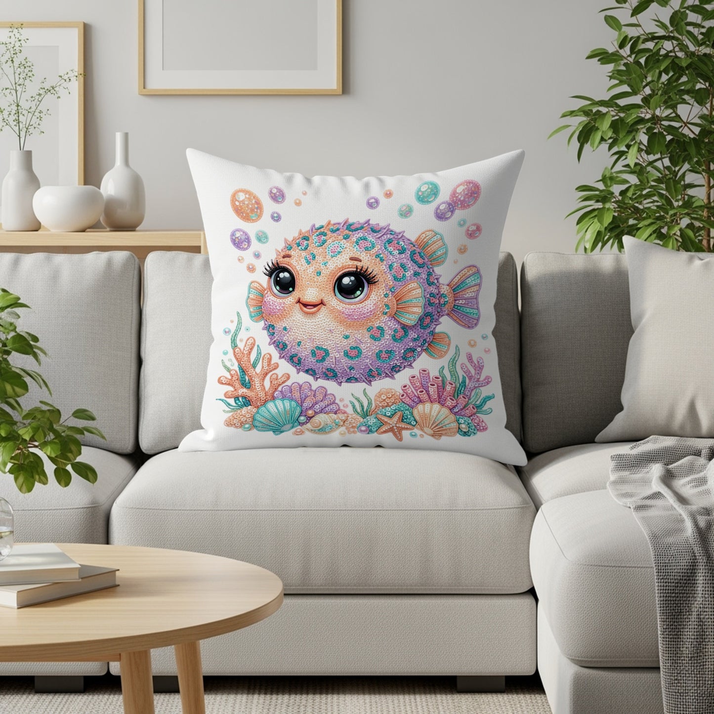 Cute pufferfish illustration on a pillow with coral and starfish accents.