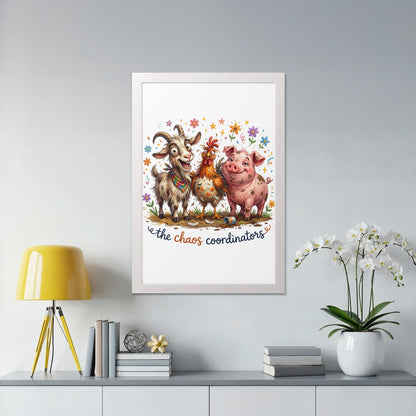Framed cartoon featuring a goat, chicken, and pig with "the chaos coordinators" text.