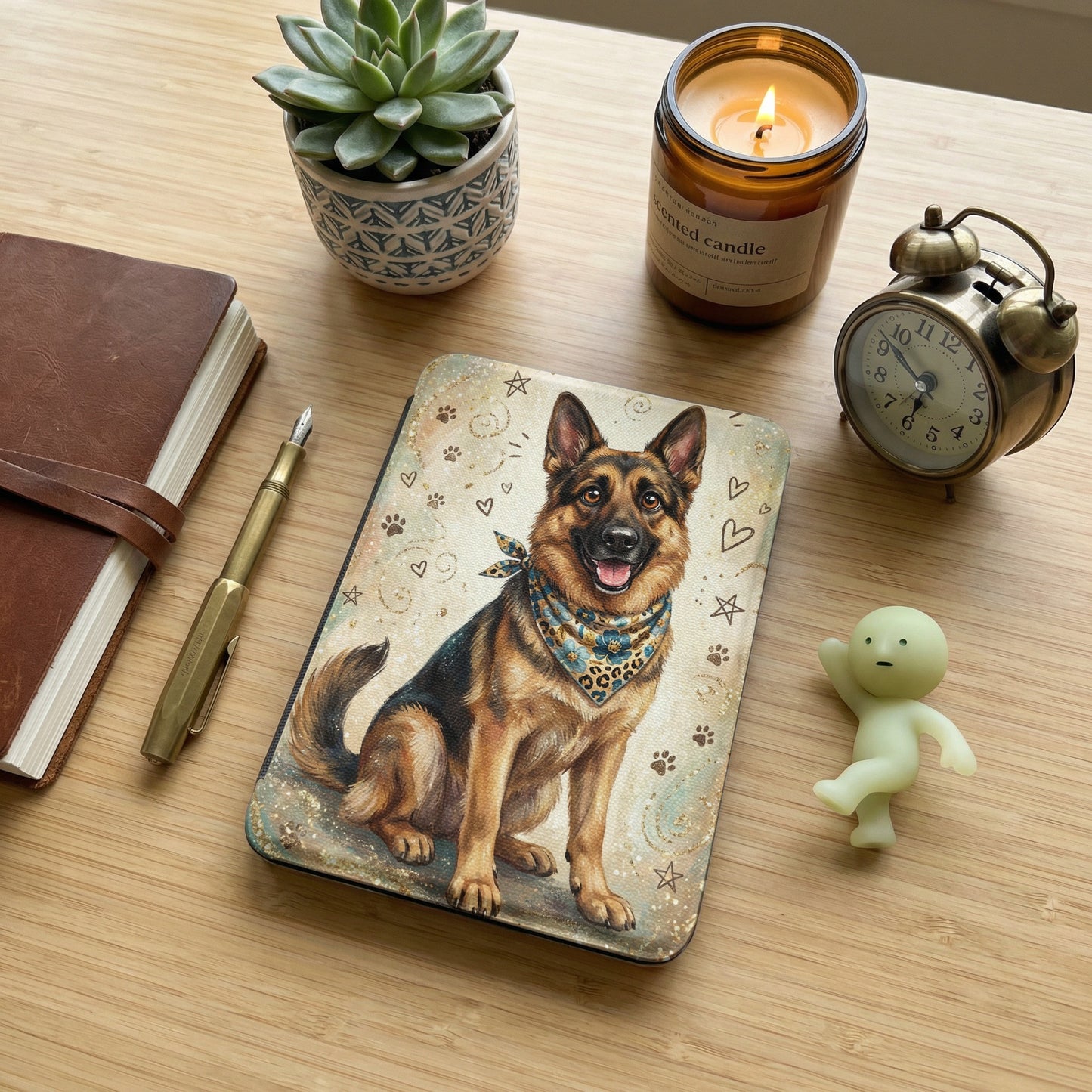 German Shepherd dog with bandana on book, next to candle and alarm clock.