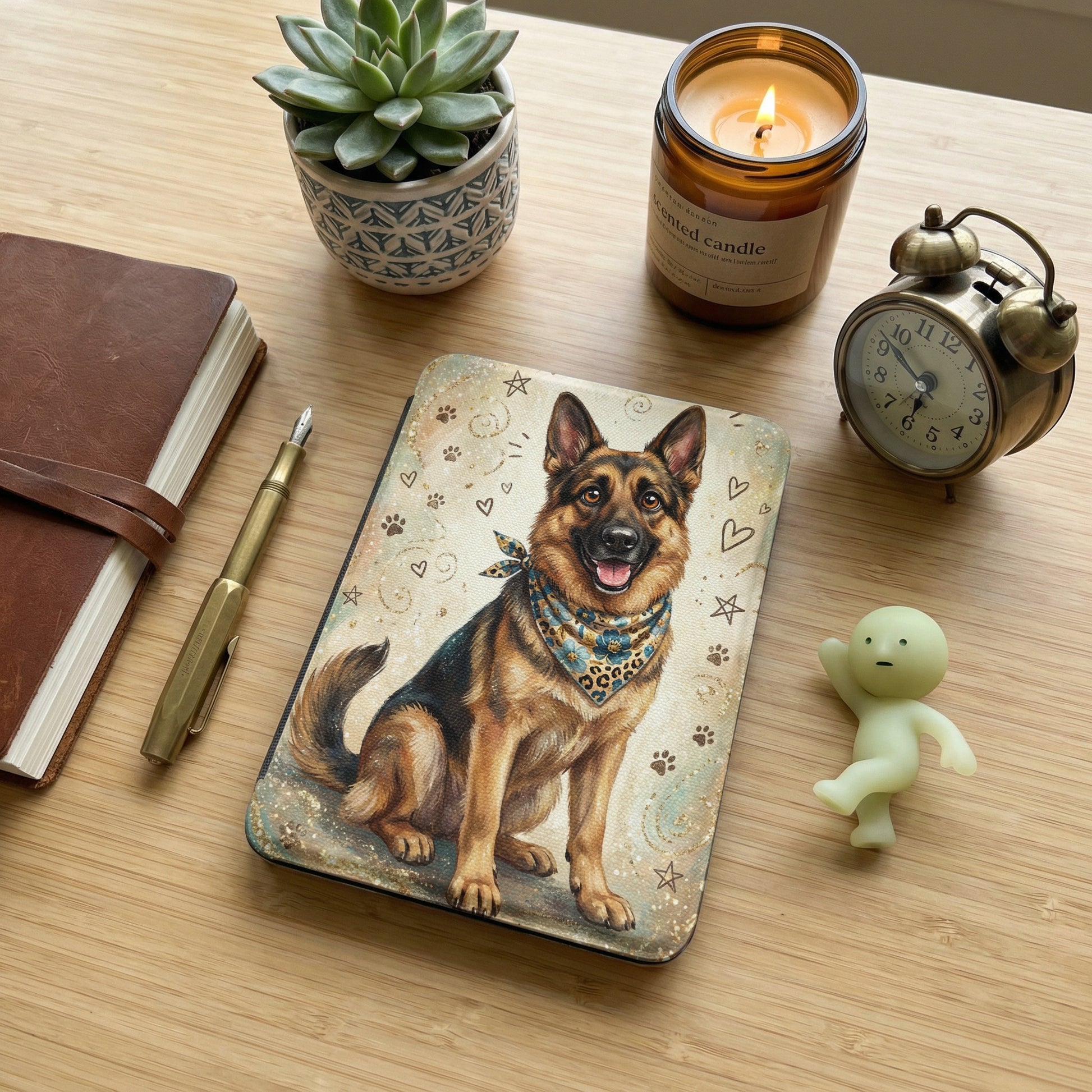 German Shepherd dog with bandana on book, next to candle and alarm clock.