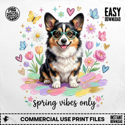 Corgi wearing glasses surrounded by spring flowers and butterflies, "spring vibes only."