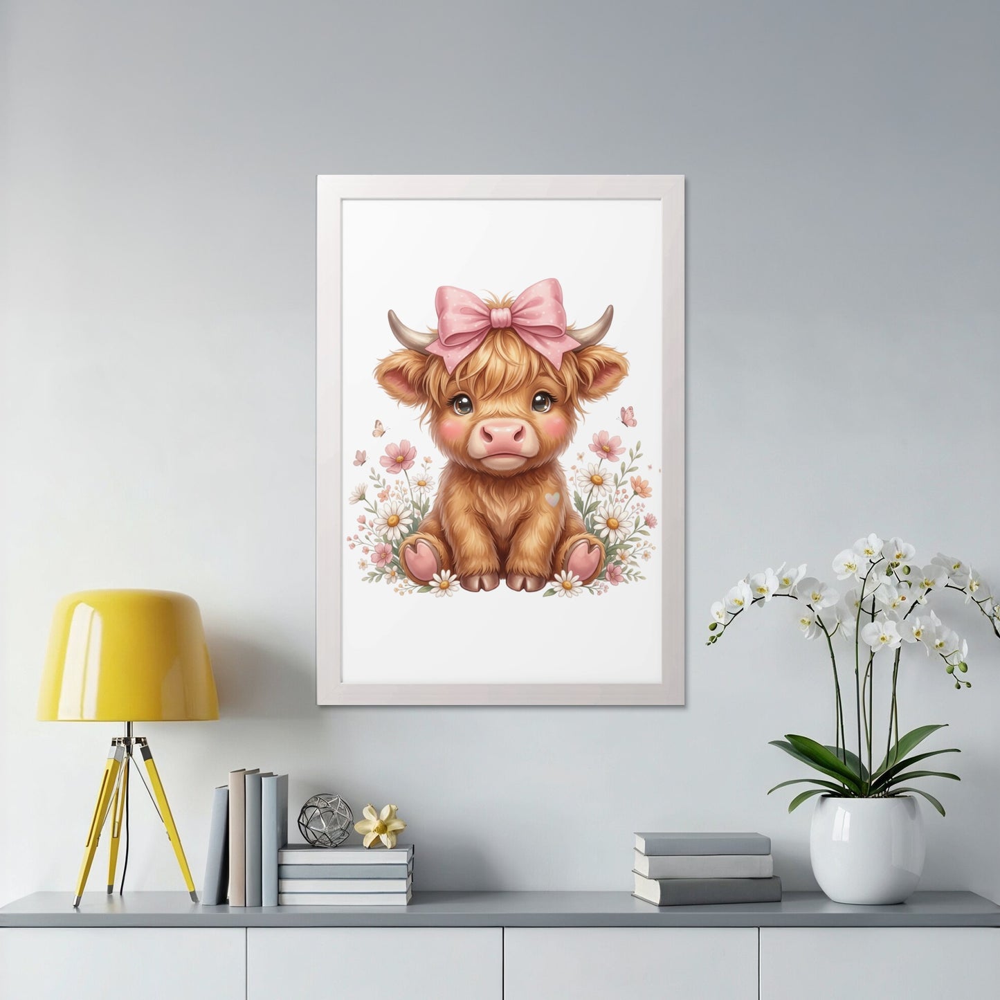 Cute Highland cow with pink bow and flowers, framed.