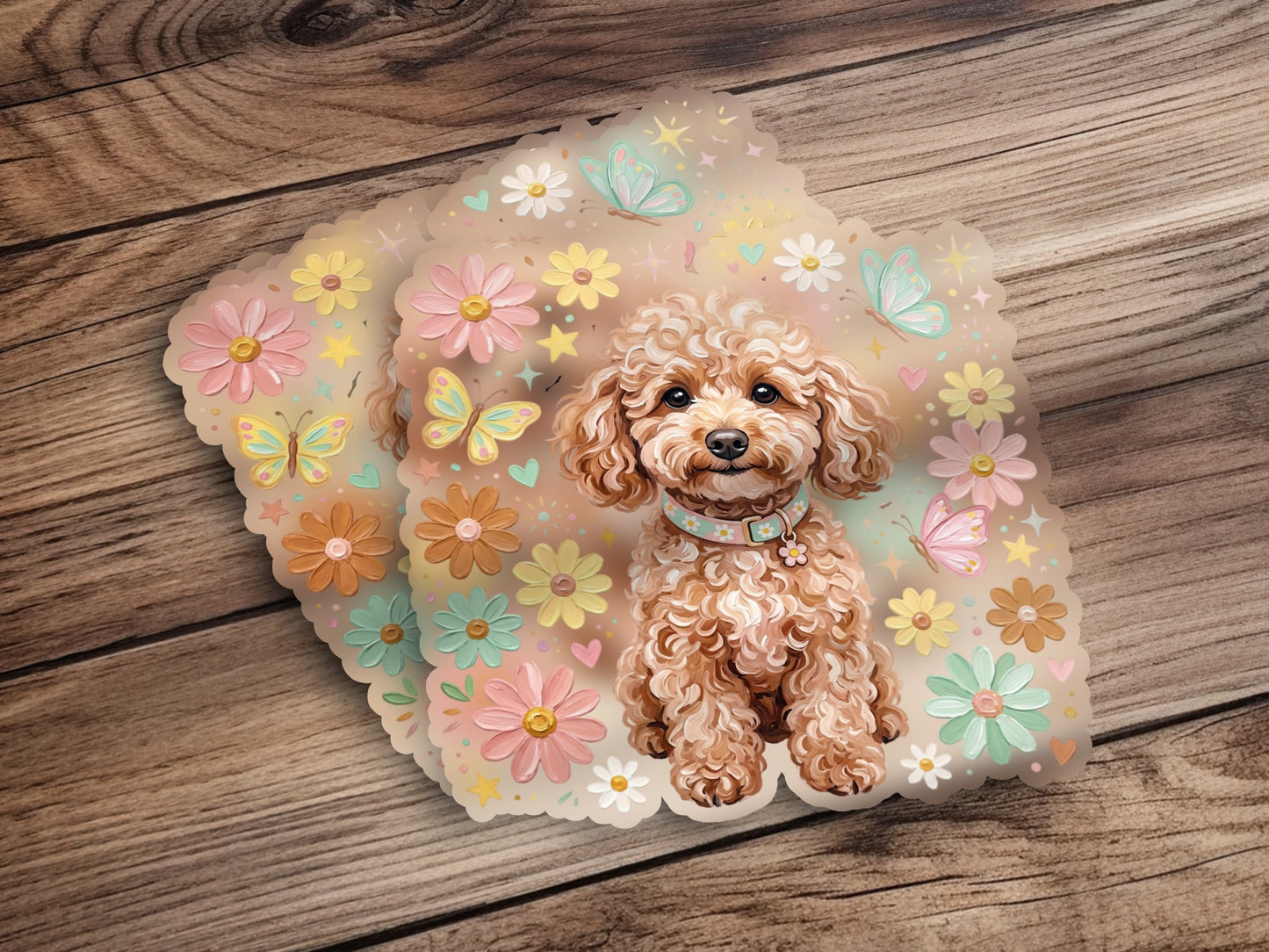 Fluffy poodle with floral and butterfly border on wood grain background.
