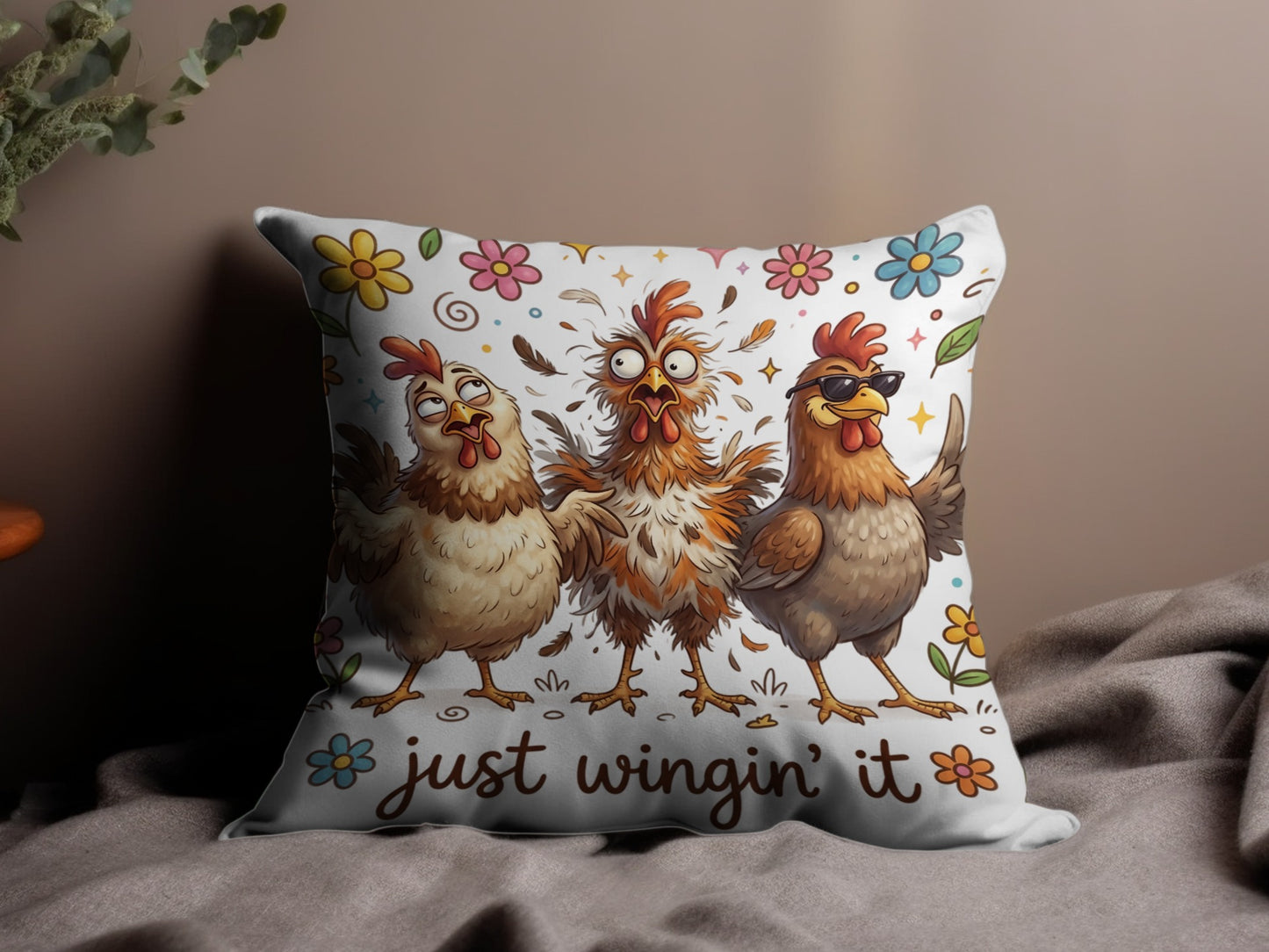 Three cartoon chickens with flowers and text "just wingin' it".