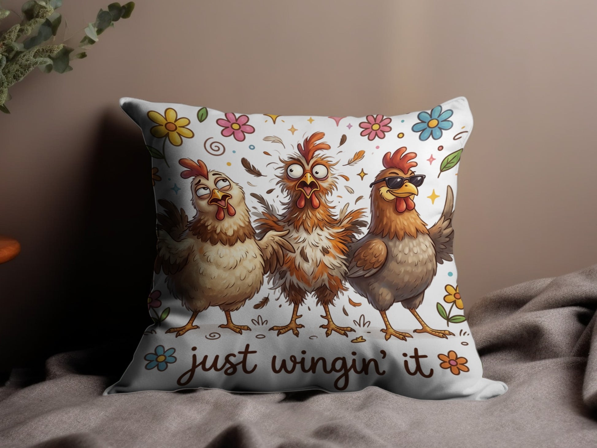 Three cartoon chickens with flowers and text "just wingin' it".