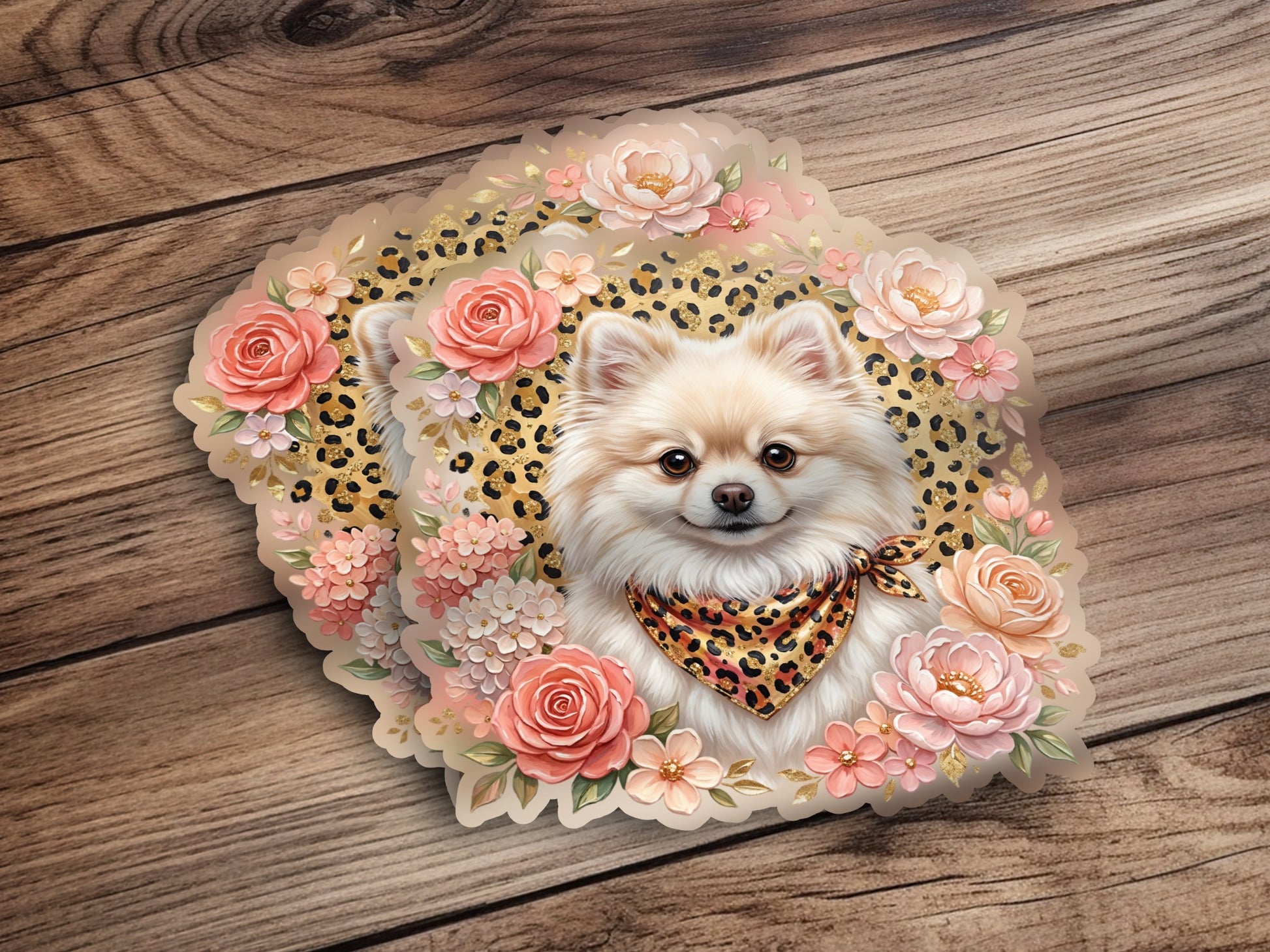 Pomeranian dog wearing a leopard print bandana surrounded by flowers.