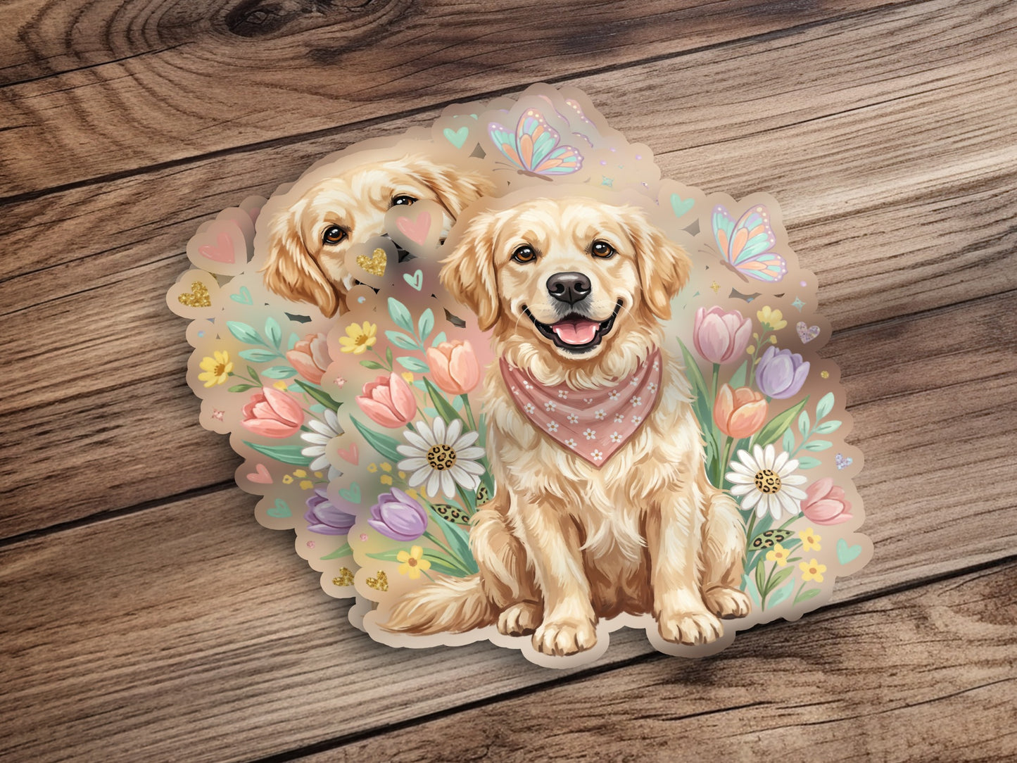 Golden retriever puppy with flowers and butterflies.