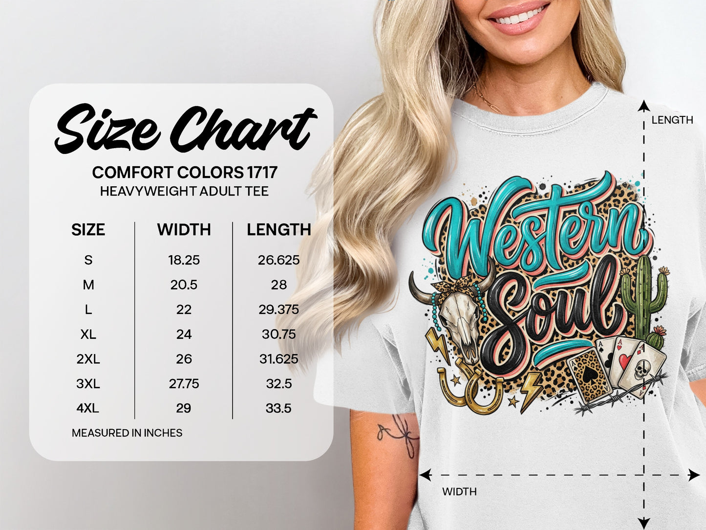 Size chart for Comfort Colors heavyweight adult tee, showing measurements in inches.