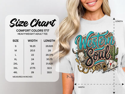 Size chart for Comfort Colors heavyweight adult tee, showing measurements in inches.